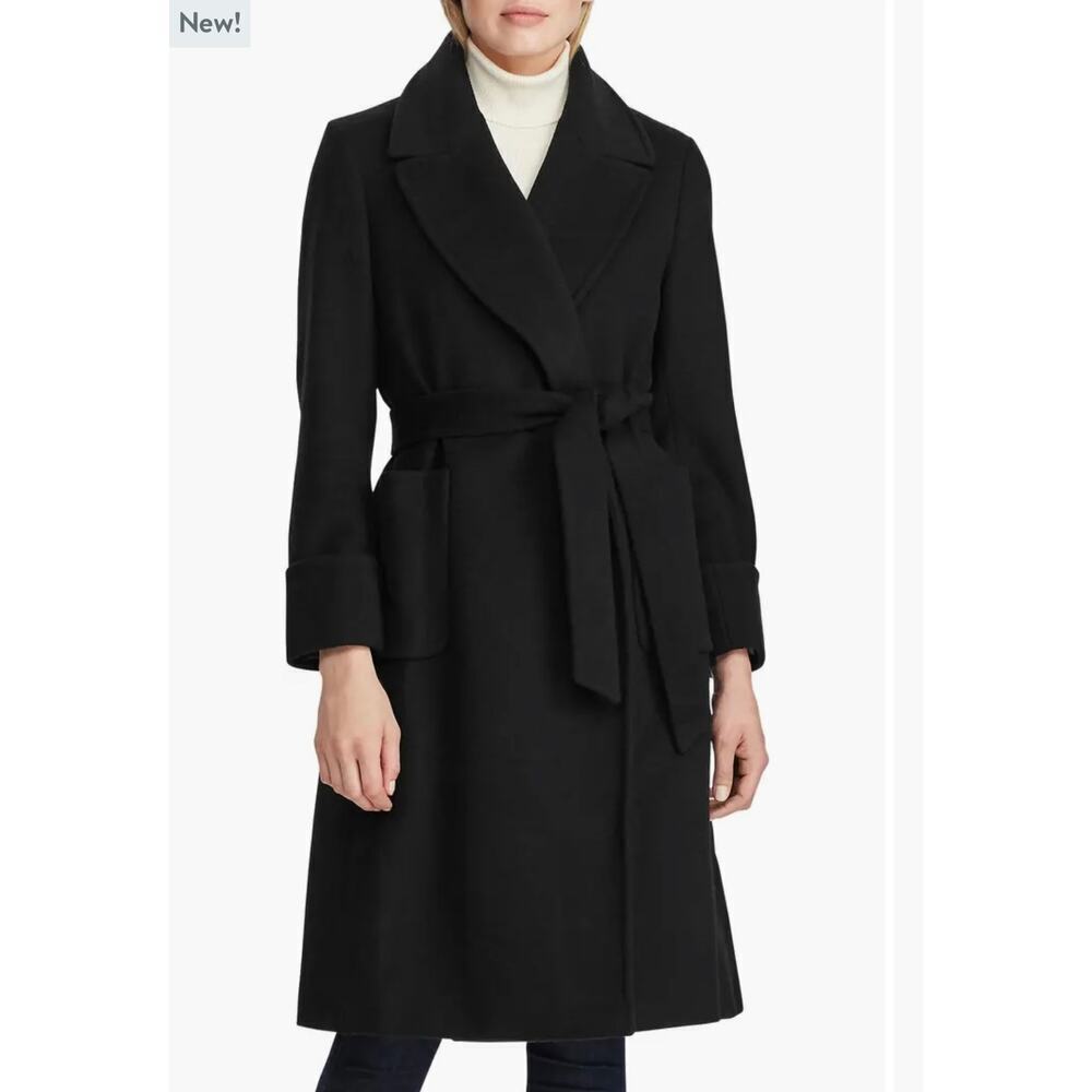 Lauren Ralph Lauren Wool Blend Belted Waist Lapel Open Front Coat Size 8 NWT